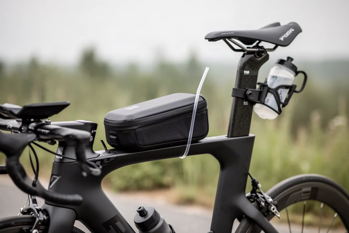 Närbild på triathloncykelns förvaringsbox på överröret, sugrör och bakre vätskefäste