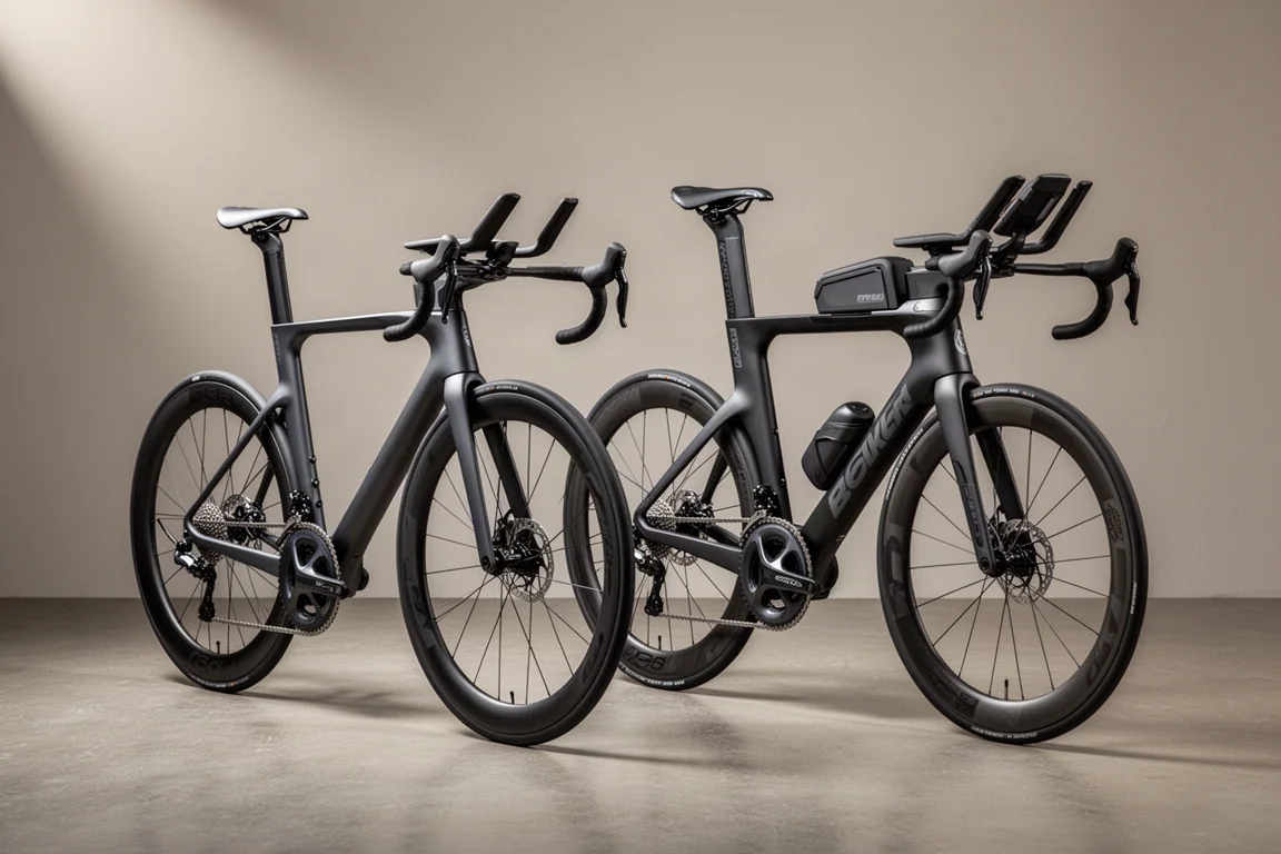 Aero racefiets en triatlonfiets naast elkaar op een betonnen ondergrond
