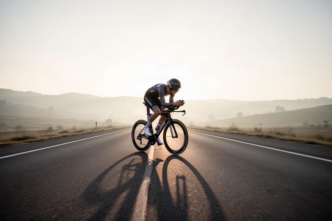 Cyclist in an aerodynamic tuck riding a triathlon bike on an empty road at dawn