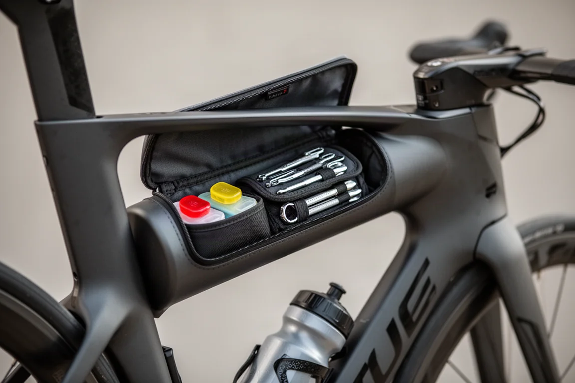 Open top tube storage box on a triathlon bike frame holding gels and tools