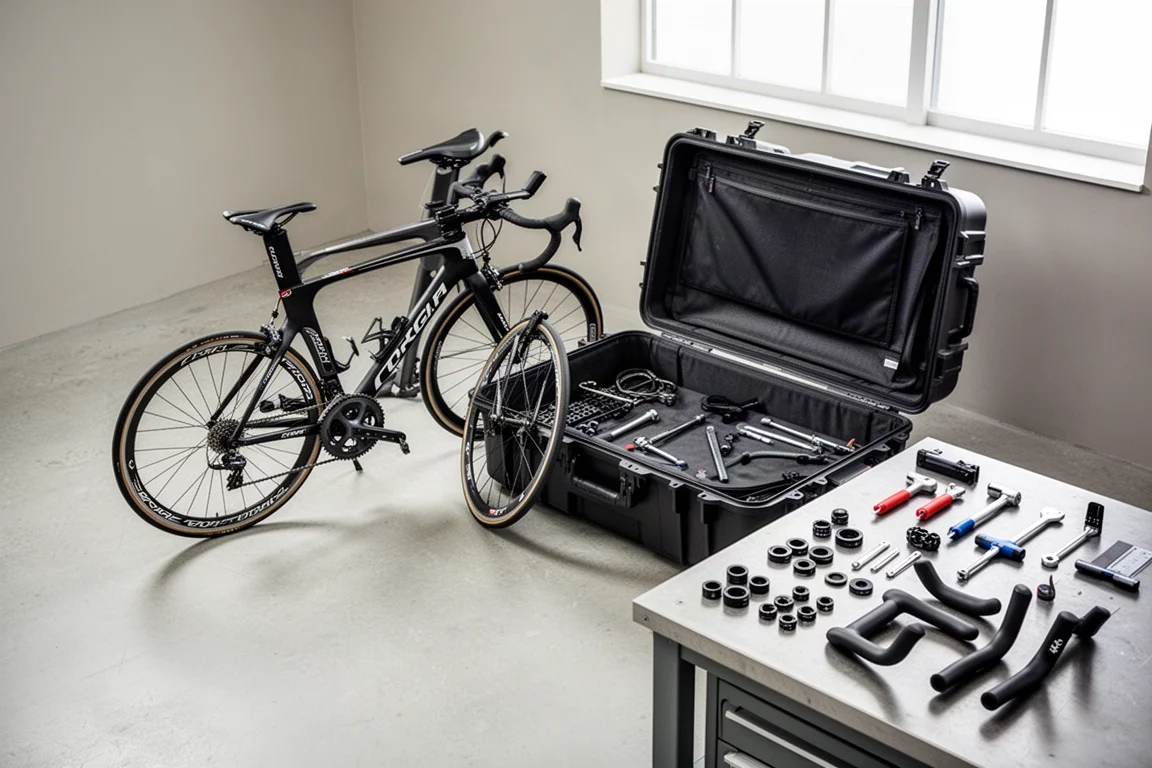 Partially disassembled triathlon bike beside an open hard-shell travel case in a workshop
