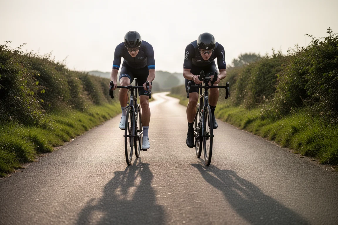 Two cyclists side by side on a country lane, one on a road bike and one on a triathlon bike