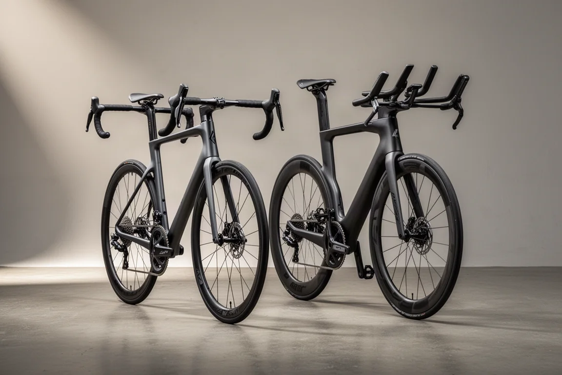Carbon road bike and triathlon bike side by side in a studio on a concrete floor