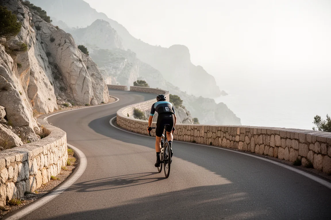 Ciclista che scala una tortuosa strada di montagna costiera nella luce del primo mattino
