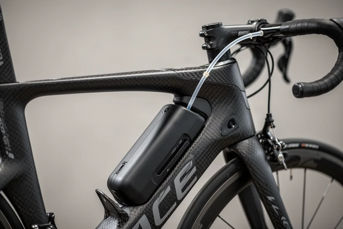 Primo piano dello stoccaggio integrato e della cannuccia di idratazione sul telaio di una bici da triathlon