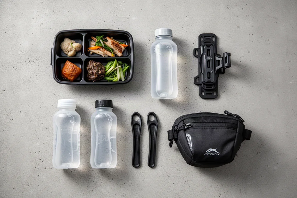 Flat-lay dall'alto di accessori da triathlon su una superficie di cemento grigio