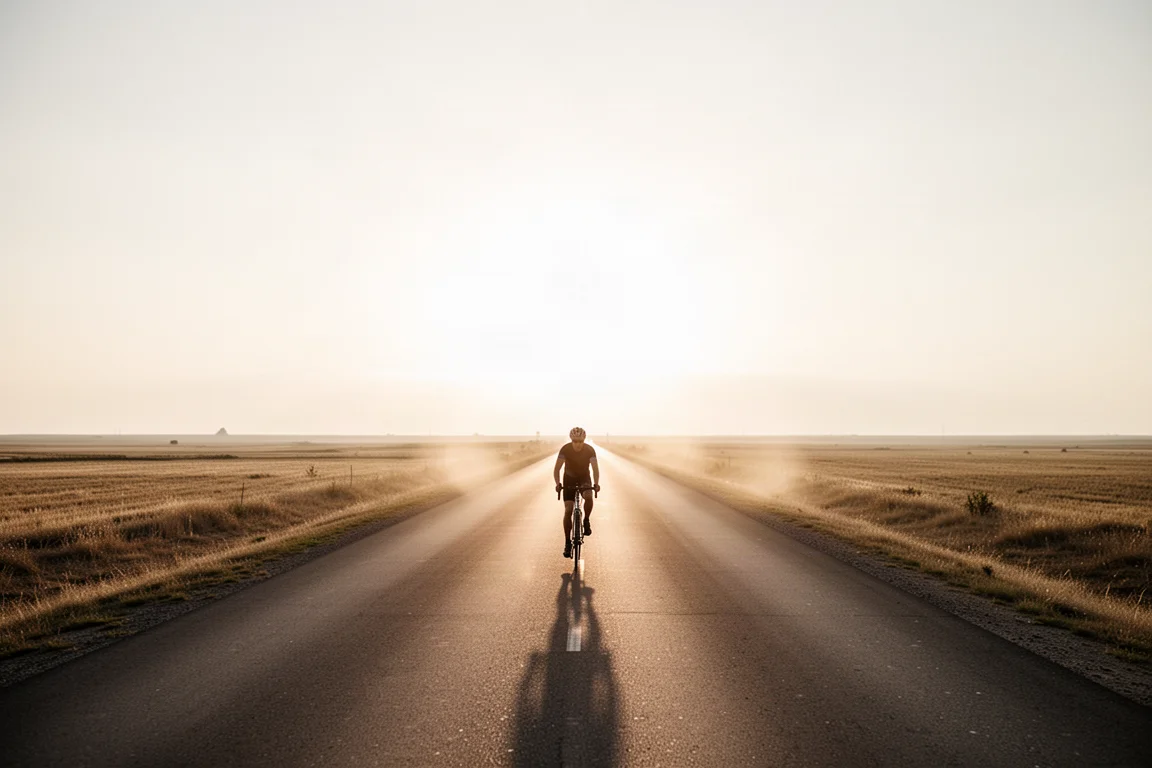 Ciclista che percorre un lungo rettilineo su terreno aperto e pianeggiante nell'ora d'oro