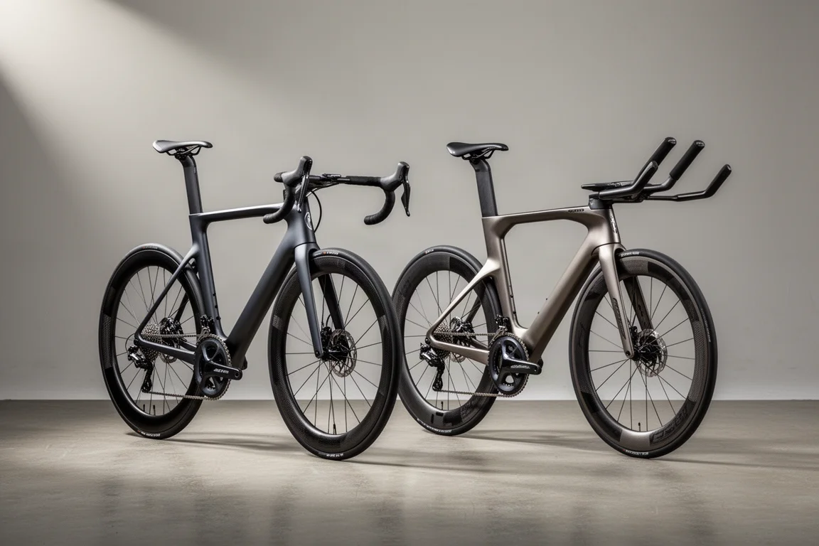 Aero racefiets en triatlonfiets naast elkaar op een neutrale grijze studioachtergrond