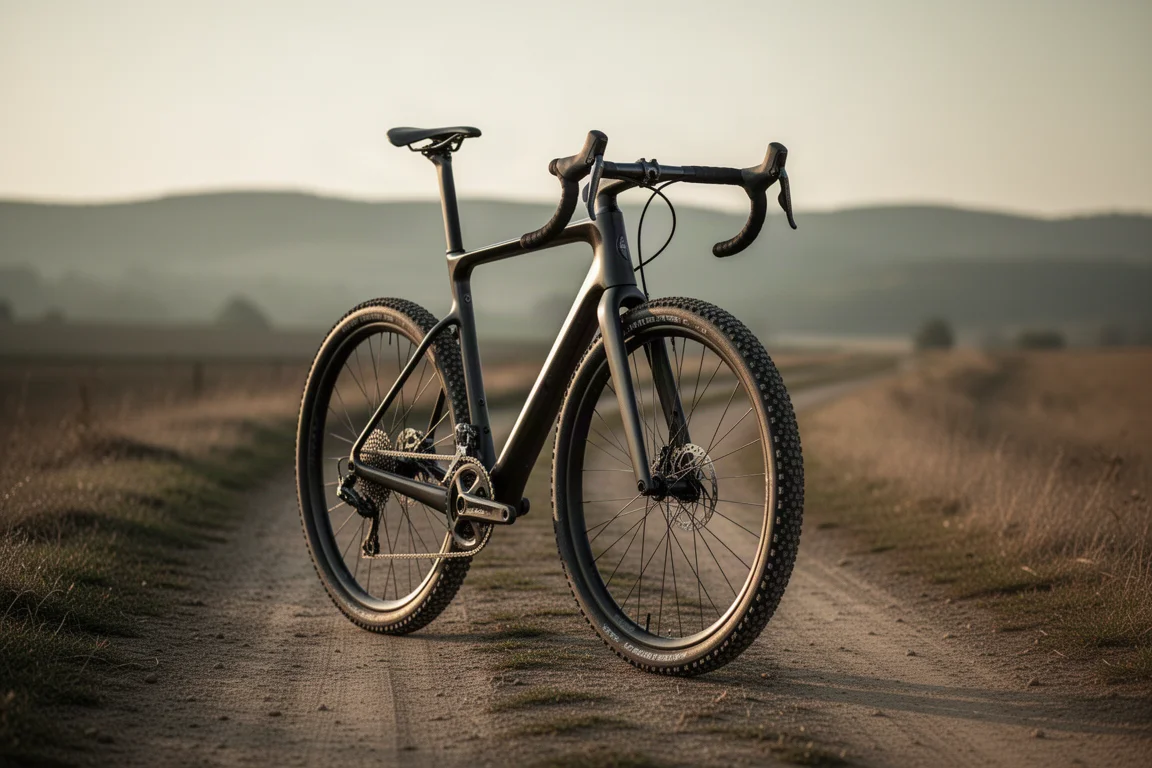 Racefiets met brede gravelbanden op een droge zandweg op het platteland