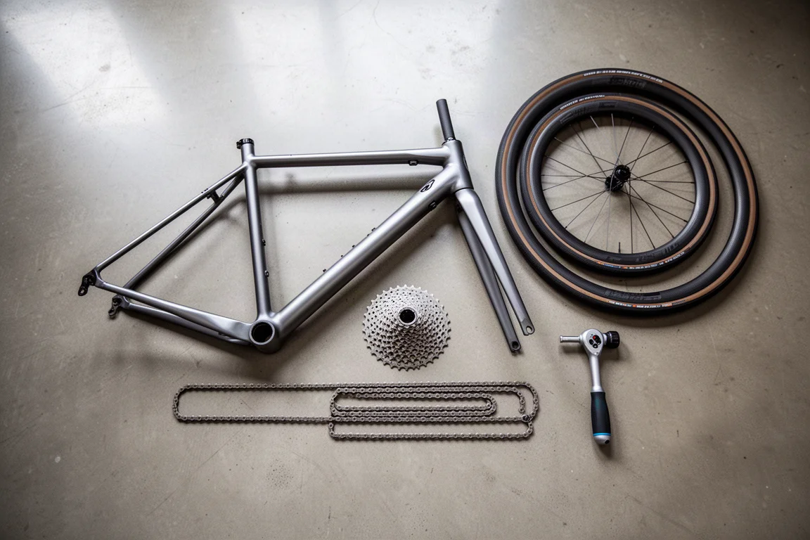 Flat lay van bovenaf van een kaal racefietsframeset, banden en gereedschap op een betonnen werkplaatsvloer