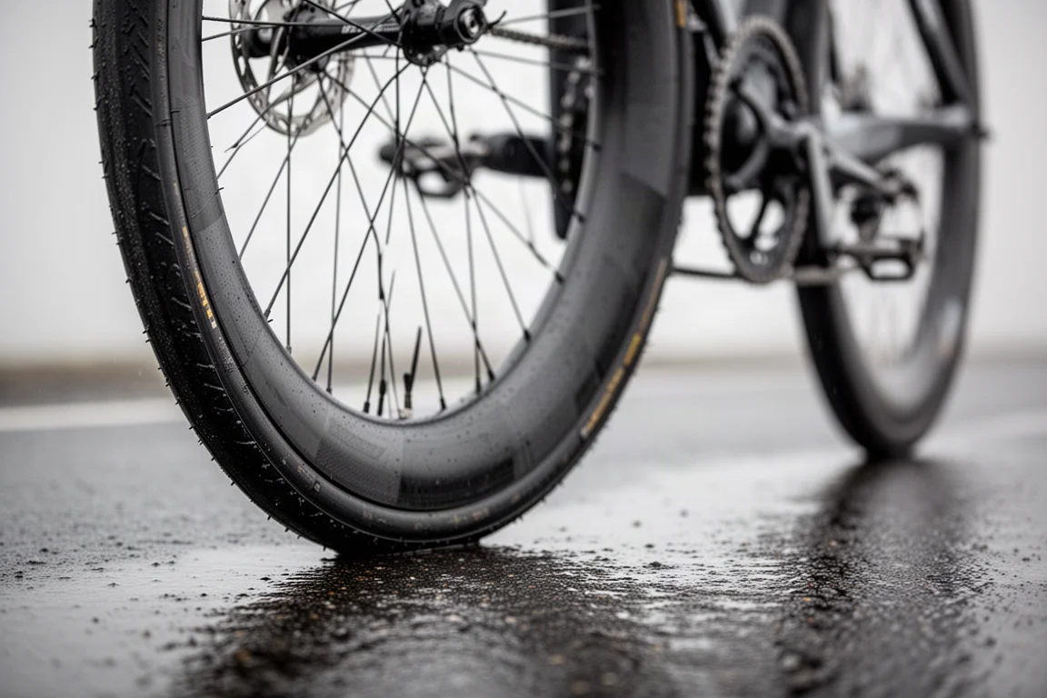 Close-up van een brede raceband op een racefietswiel dat op vochtig asfalt rust