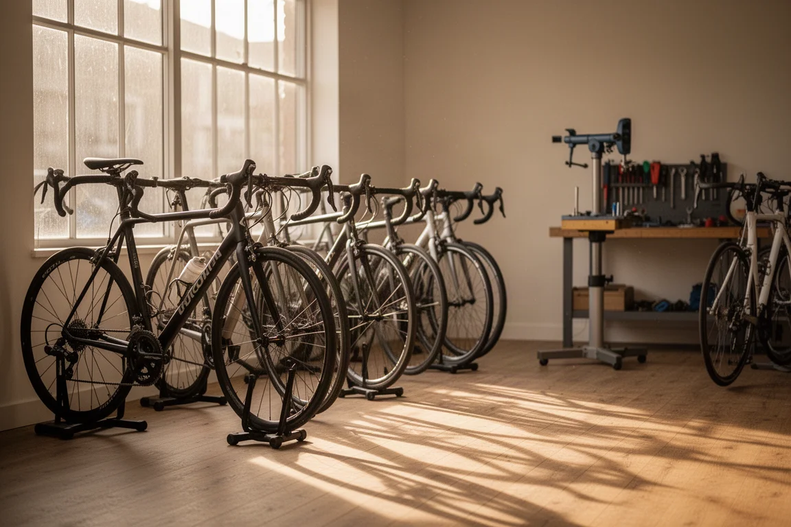 Rij racefietsen op standaards in een kleine fietsenwinkel in warm middaglicht