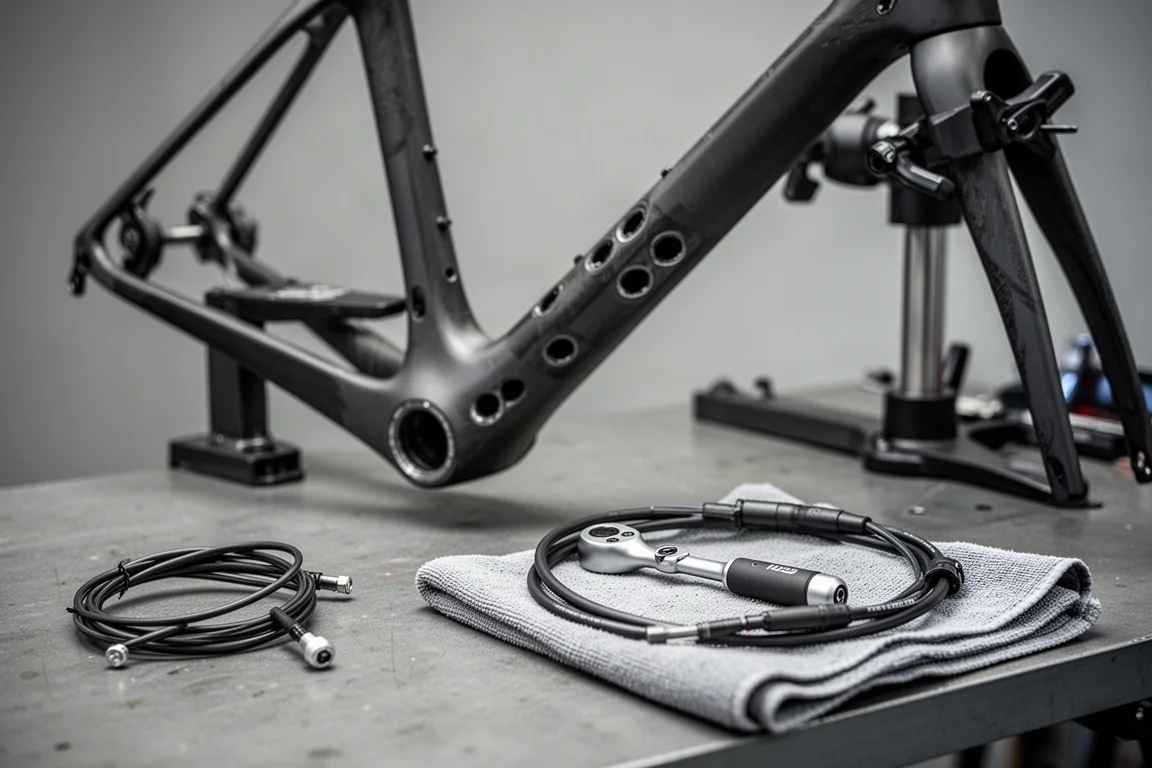 Soporte de reparación de bicicletas con un cuadro de carbono, puertos de guiado de cables, latiguillo de freno y llave dinamométrica en un banco de taller