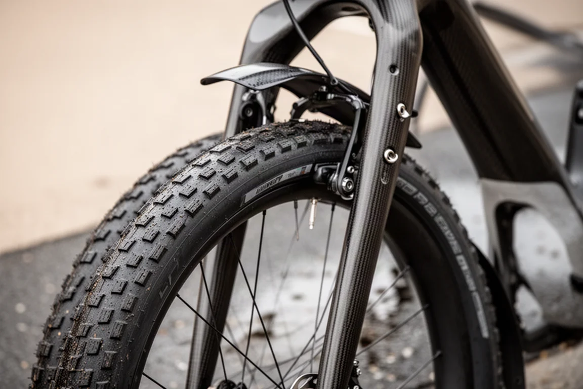 Detalle de un neumático de carretera ancho montado en una horquilla de carbono con anclajes para guardabarros visibles