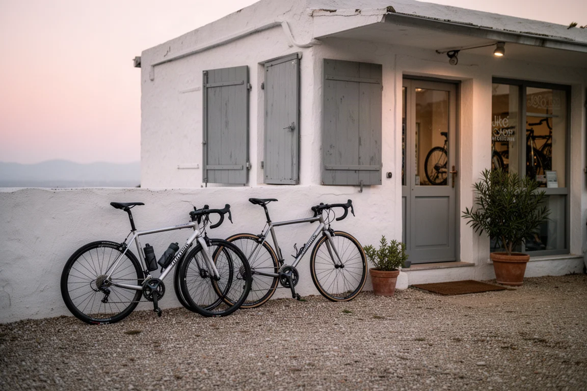 Dos bicicletas de carretera apoyadas contra una pared encalada frente a una pequeña tienda de bicicletas al amanecer