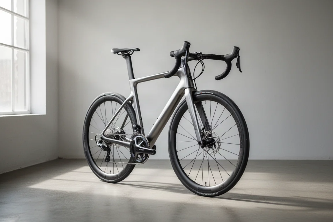 Moderne carbon racefiets in een heldere minimalistische werkplaats