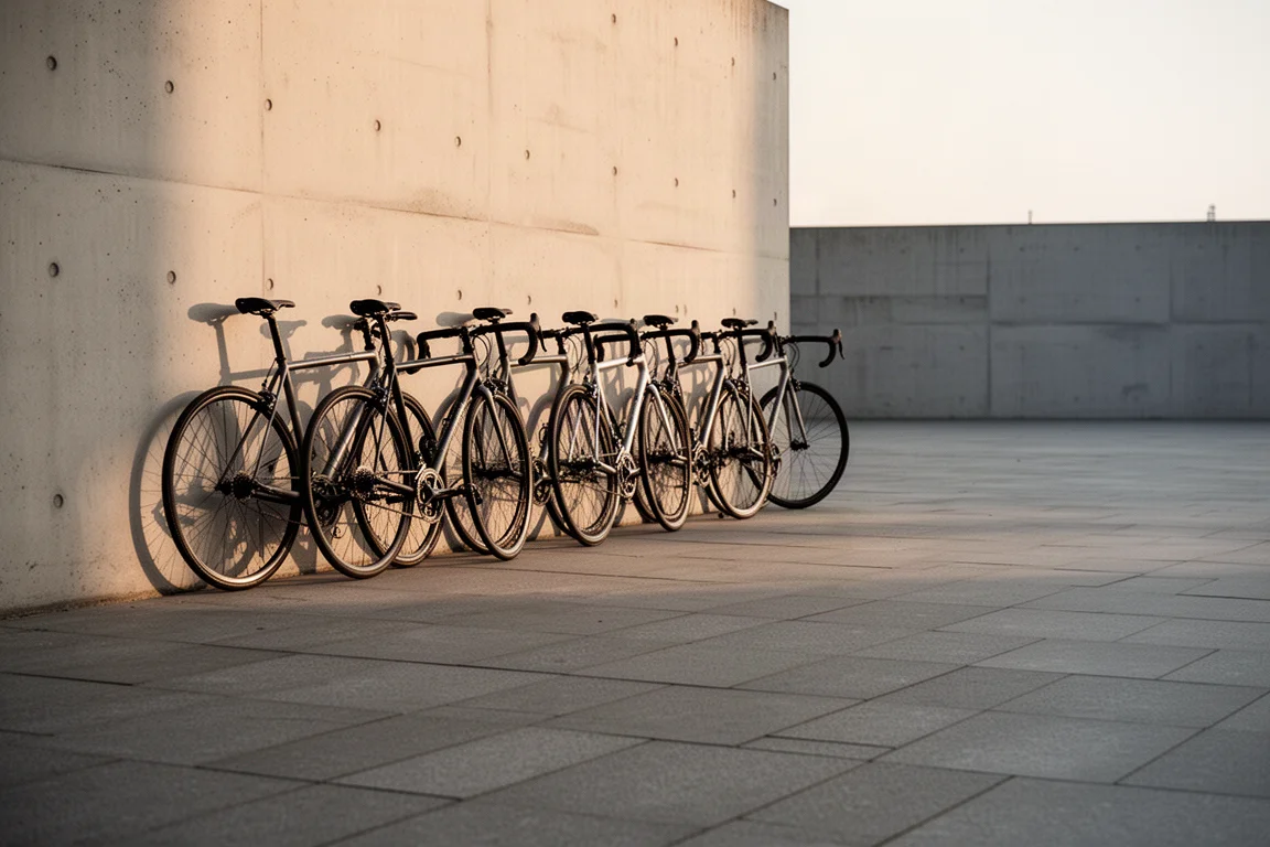 Rij racefietsen die bij het eerste licht tegen een lichtgrijze betonnen muur leunen