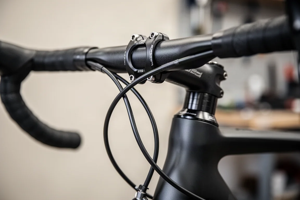 Close-up van remleidingen van een racefiets die onder de stuurpen naar het balhoofd lopen