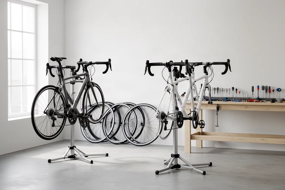 Minimalistische fietswerkplaats met racefietsen op standaards en reservewielen