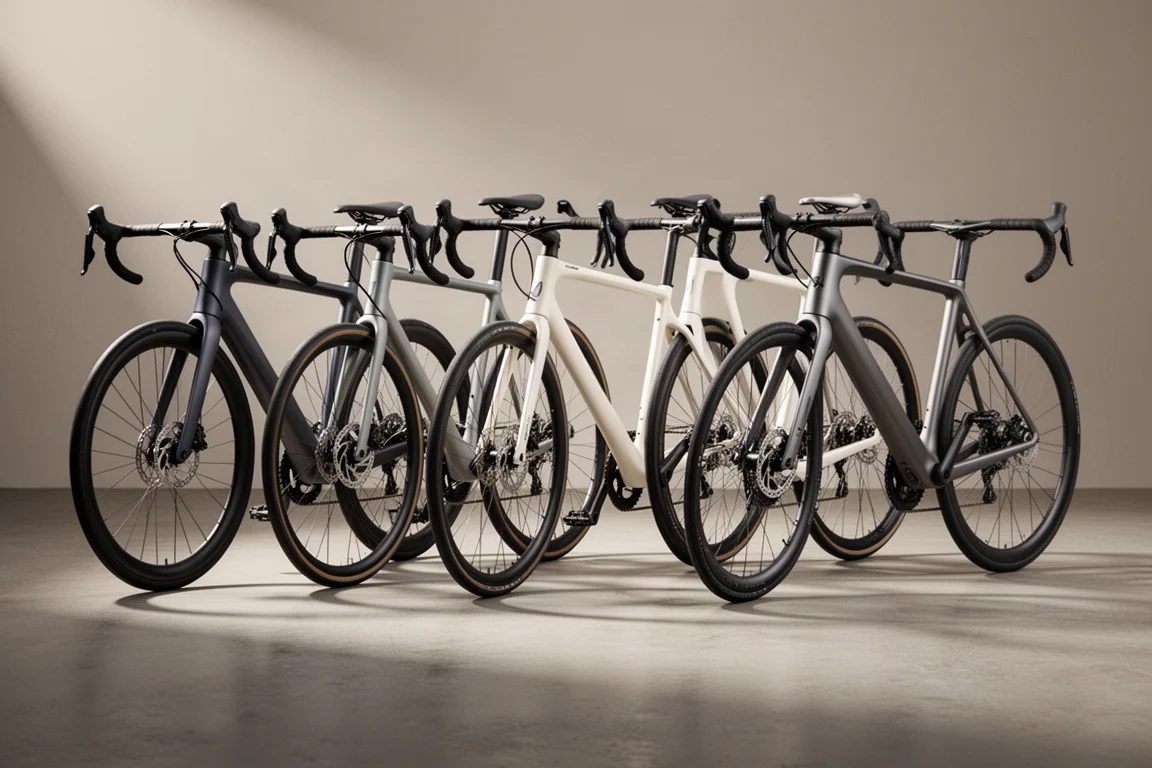 Rij van vijf racefietsen met verschillende framevormen op een matte betonnen ondergrond