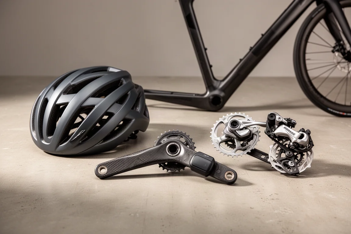 Road cycling helmet, carbon race bike frame and wireless groupset arranged on concrete