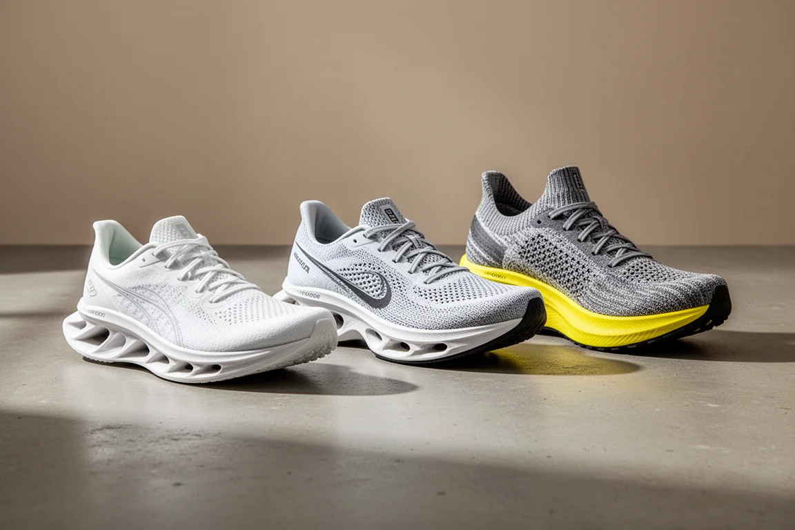 Three road running shoes lined up on a concrete surface