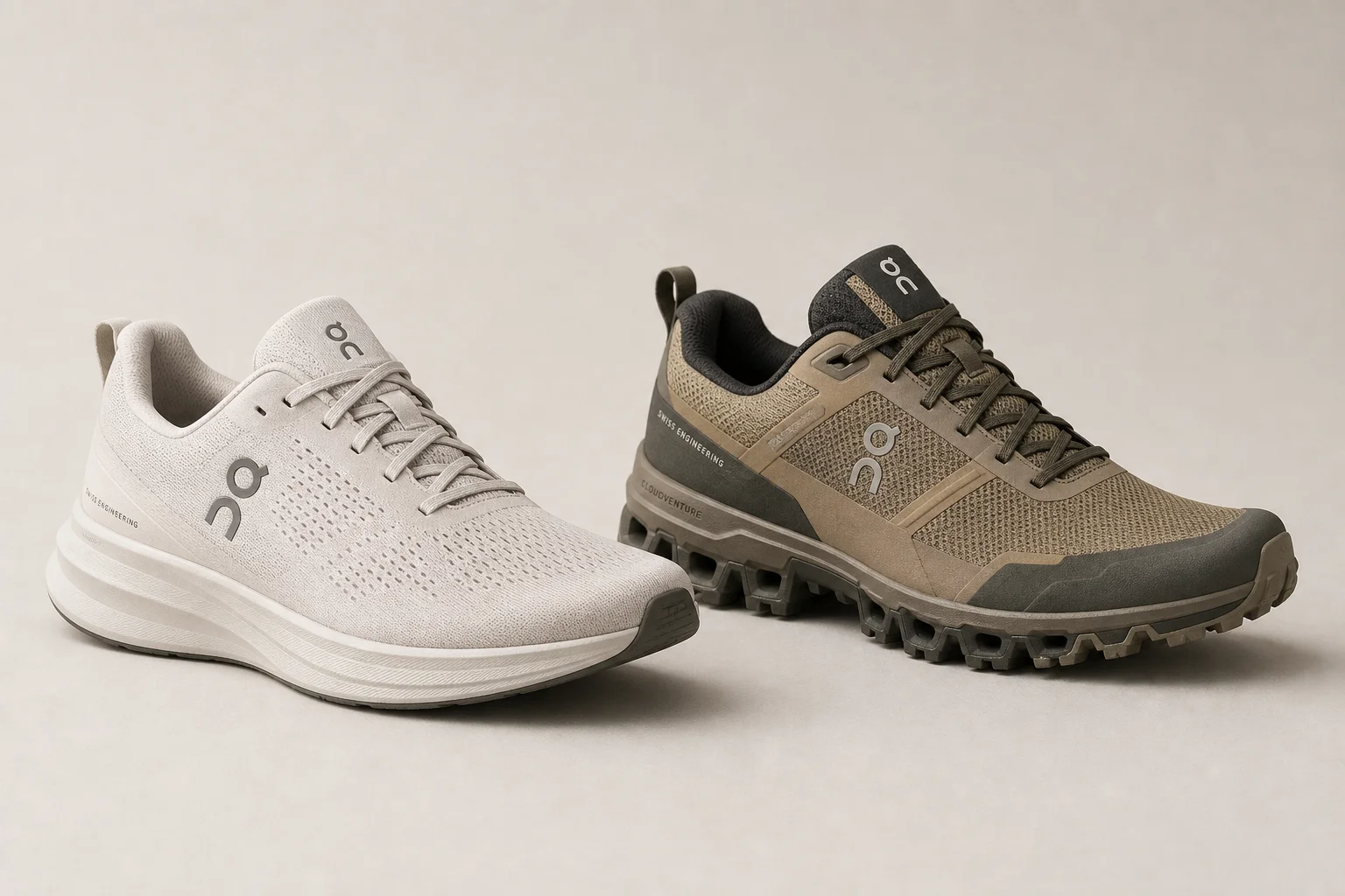 Altra Rivera road shoe and Altra Lone Peak trail shoe side by side on neutral backdrop