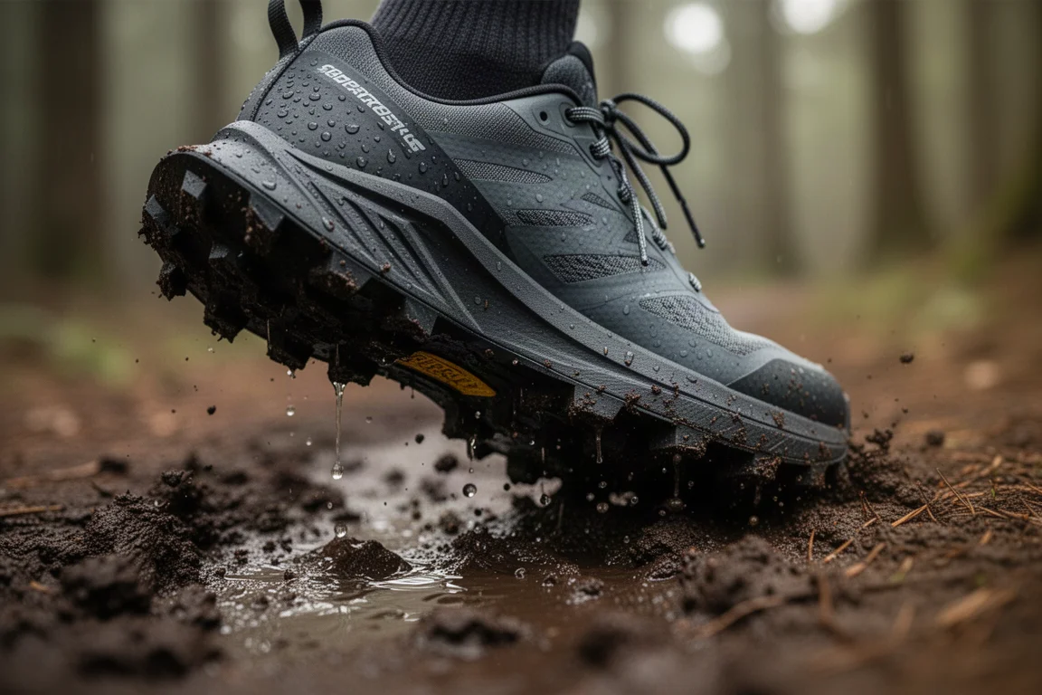 Chaussure de trail à crampons profonds s'enfonçant dans un sol boueux et humide