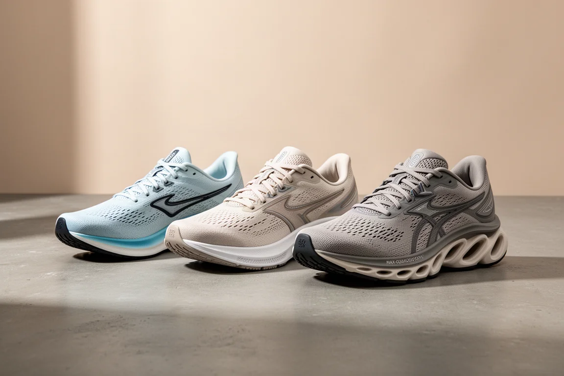 Three pairs of road running shoes lined up on a concrete surface