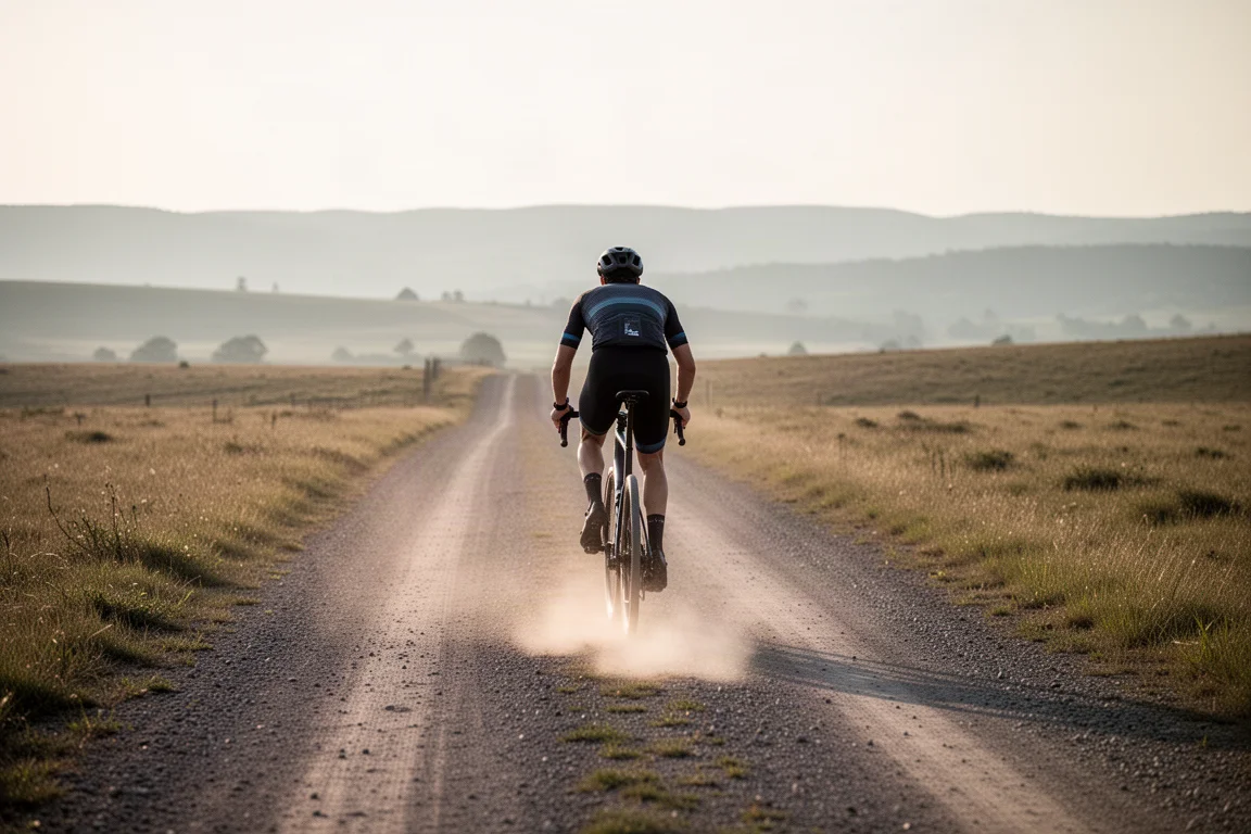 Rowerzysta gravelowy jadący drogą dwuśladową przez otwarty krajobraz