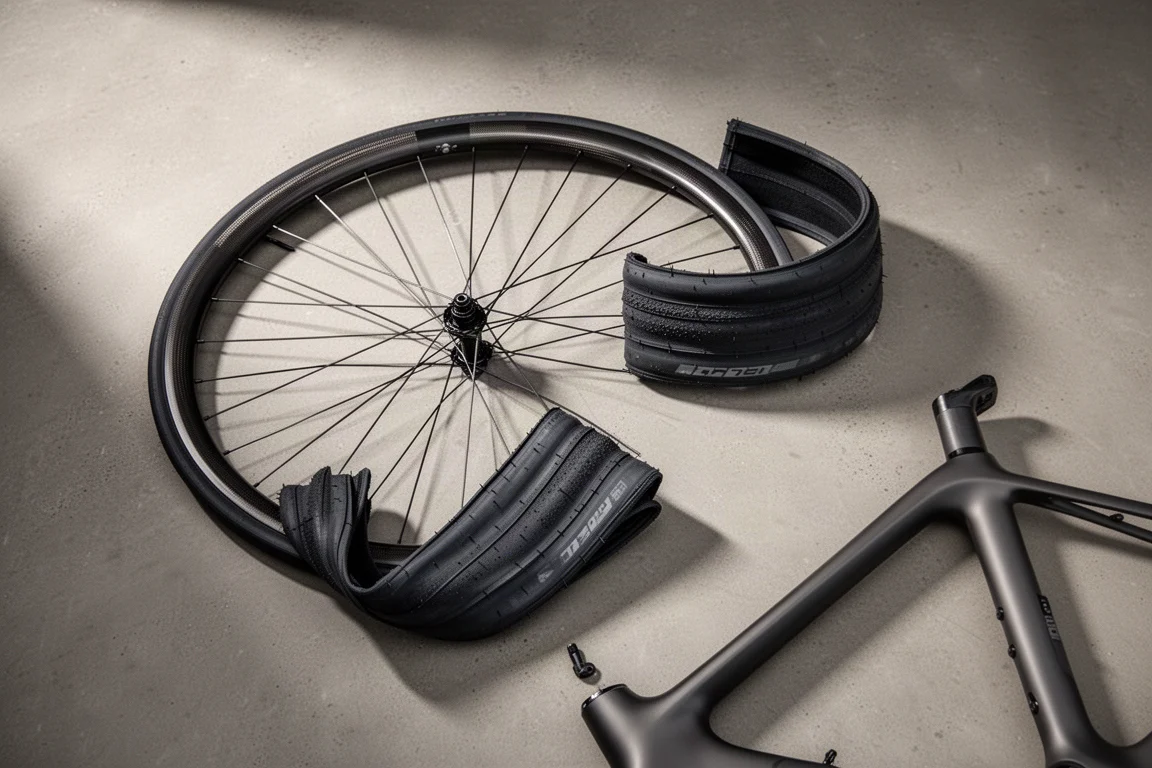 Carbon road wheel, black road tires and a gravel frame section arranged on grey concrete