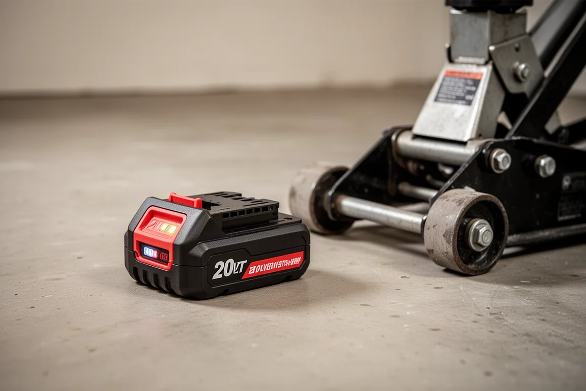 20-volt accupack met laadindicatie naast de krik