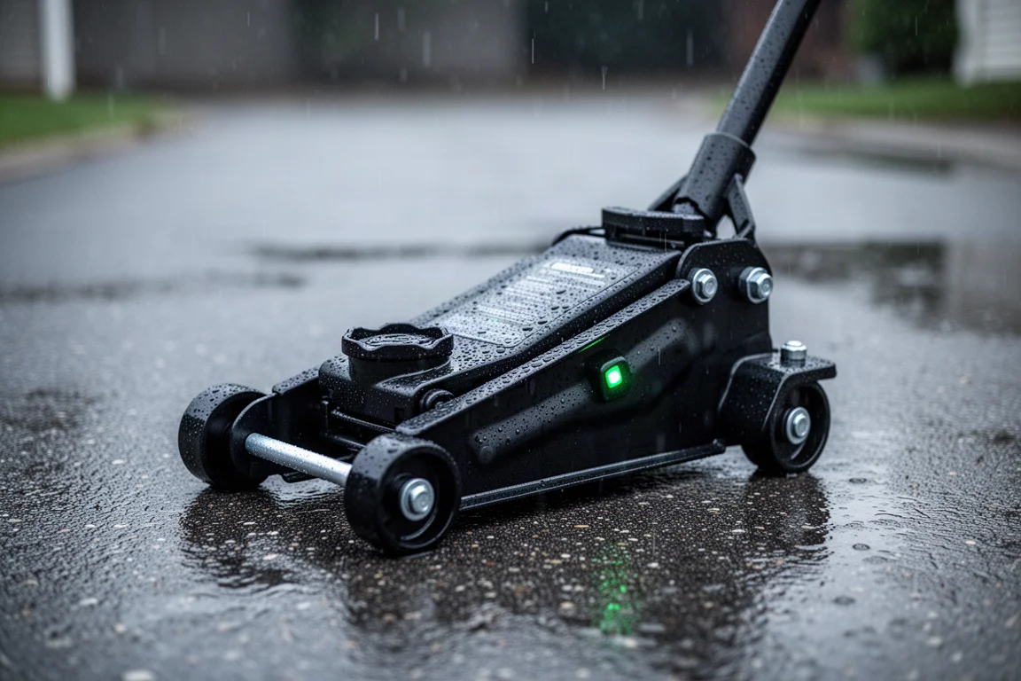 Un cric électrique laissé sous la pluie avec des gouttes d'eau perlant sur son carter
