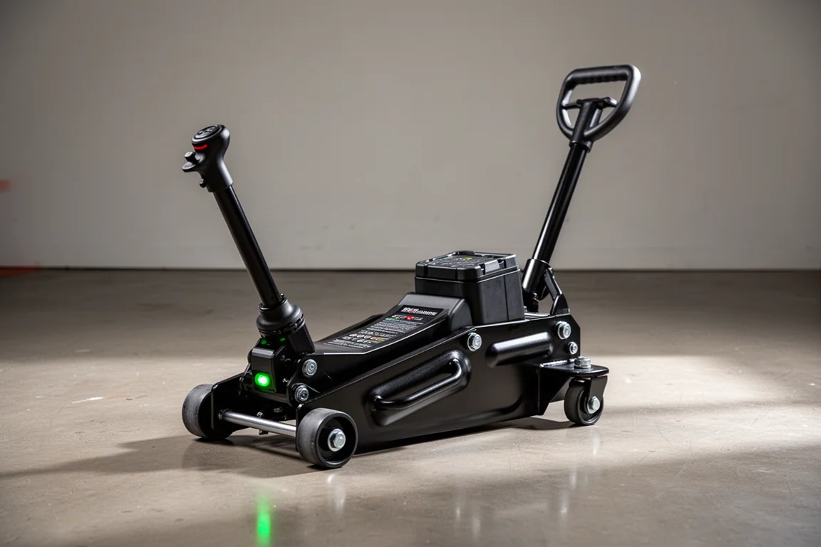 Black electric floor jack with battery pack and joystick control on a garage floor