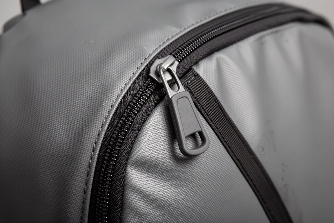 Dettaglio di una zip idrorepellente e di un pannello in nylon rivestito