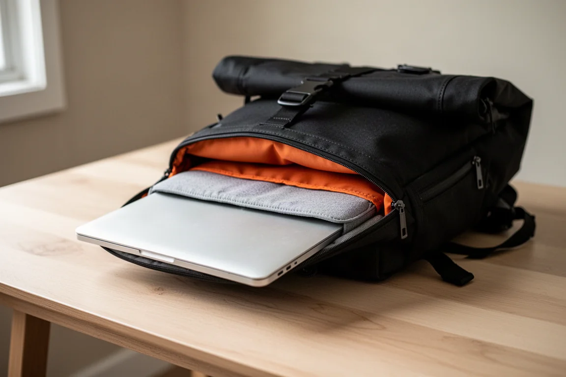 Un laptop inserito in una custodia imbottita accessibile tramite una zip laterale