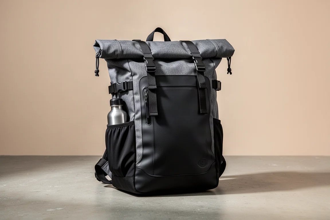 Roam Passenger 27 roll top backpack standing on a concrete surface