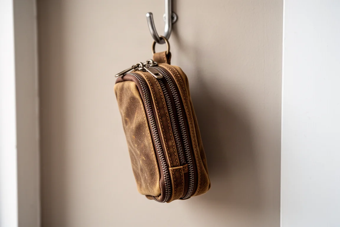 Bolsa de lona destacável com zíper pendurada em um gancho com os zíperes visíveis