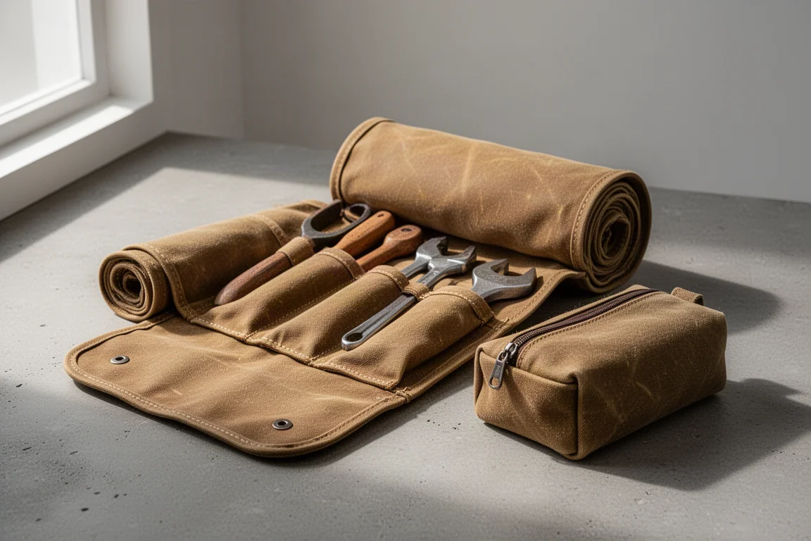 Roaring Fire Bonfire tool roll opened beside its detachable canvas pouch on concrete