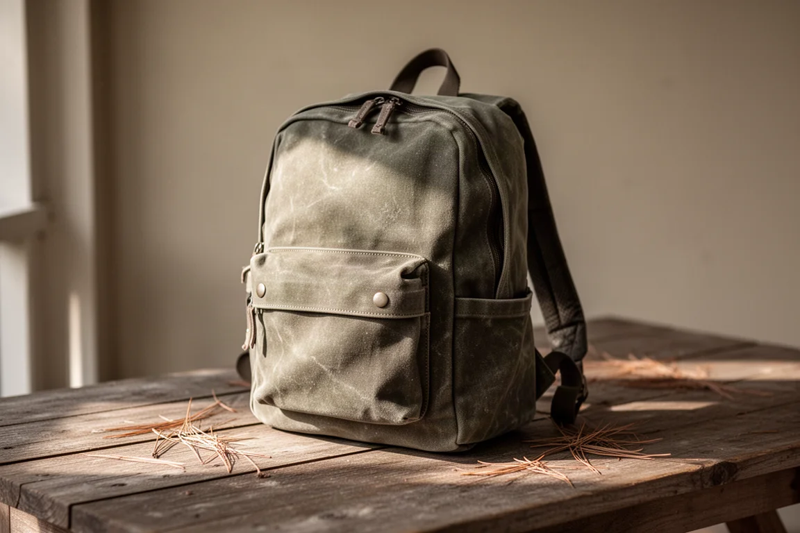 Waxed canvas backpack resting outdoors with natural light on the fabric