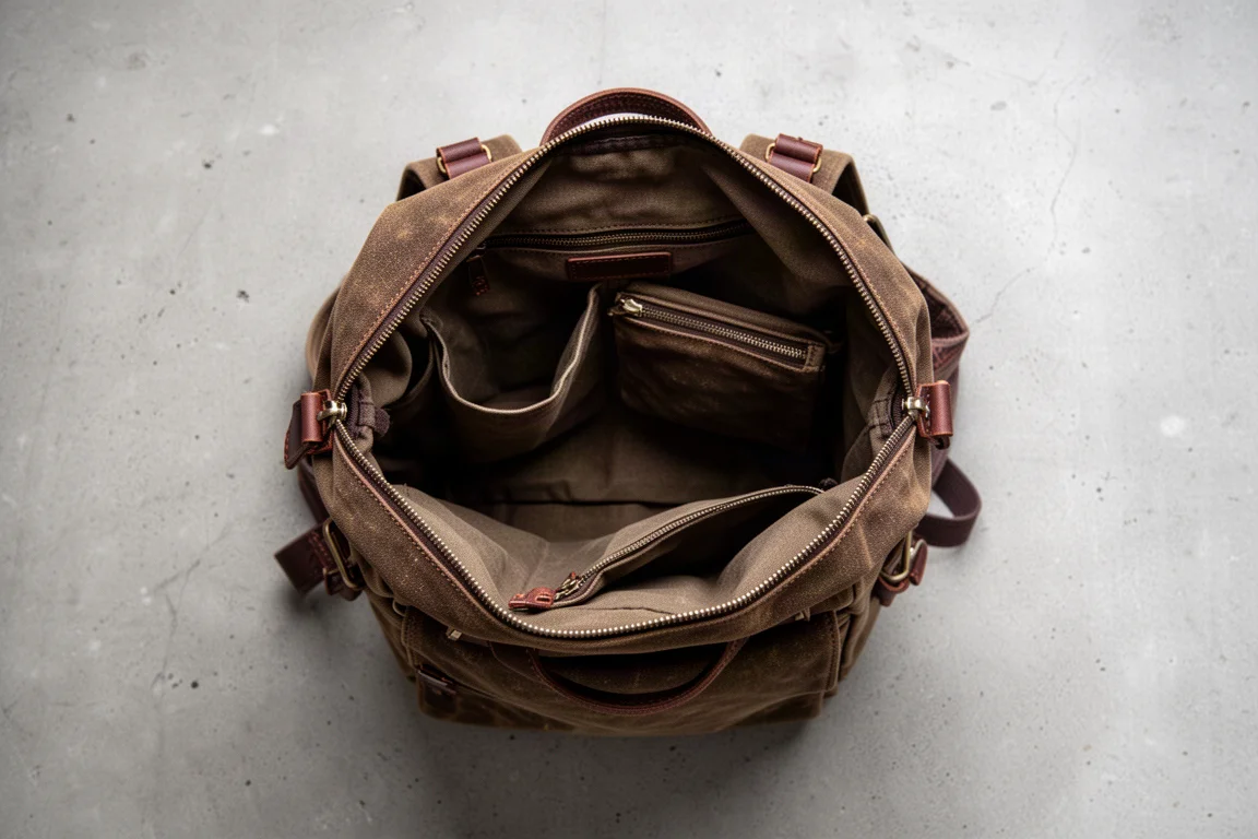Open backpack main compartment showing internal organization and deep pockets