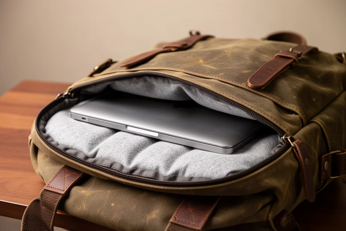 Laptop being slid into a padded compartment inside a backpack