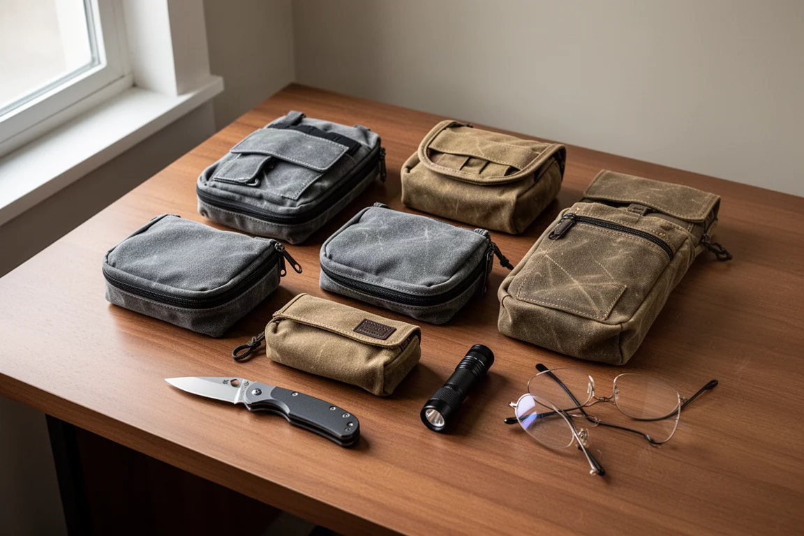 Un ensemble de petites pochettes EDC en tissu, aux tons gris discrets, disposées sur une table en bois