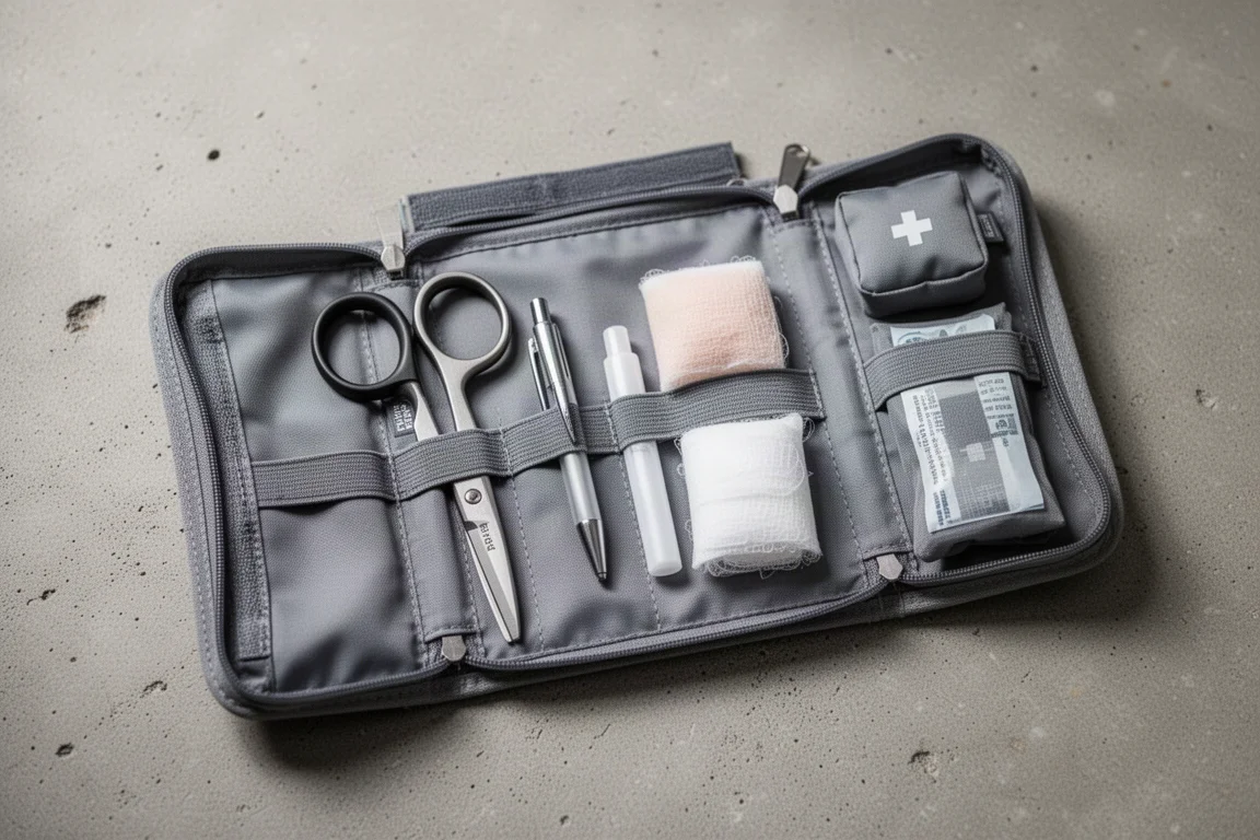 Une pochette de premiers soins ouverte montrant des fournitures médicales bien organisées et clairement disposées