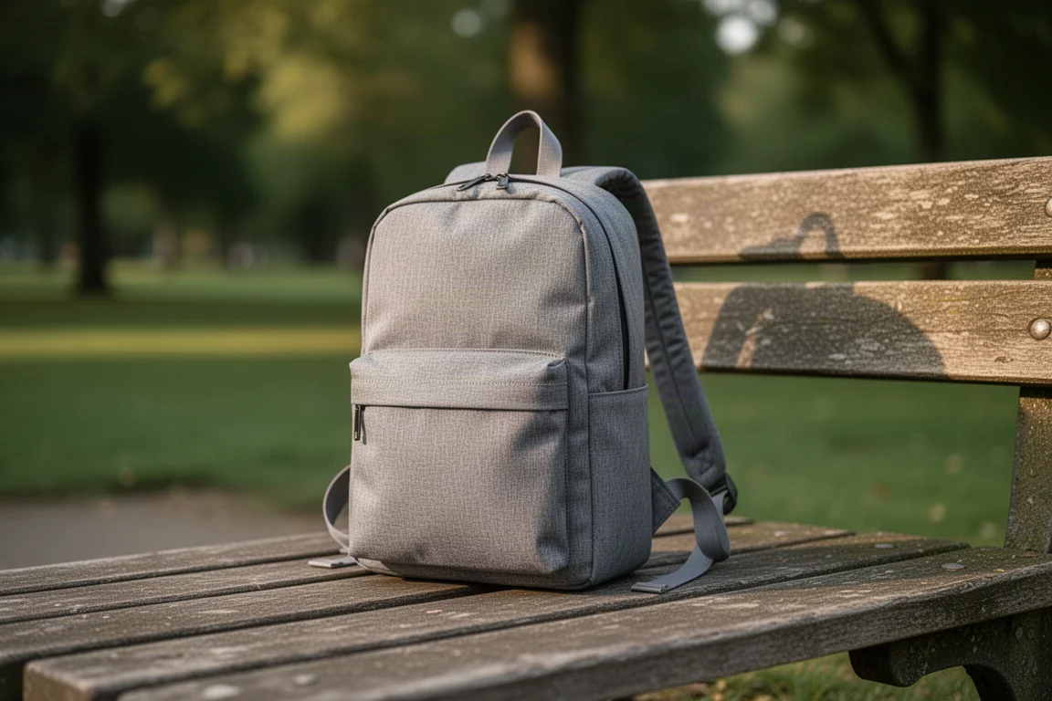Un petit sac à dos gris posé sur un banc de parc sous une douce lumière d'après-midi
