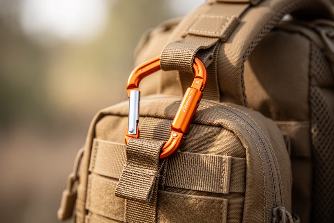 Oranje karabijnhaak geklemd in MOLLE-webbing aan een rugzakriem