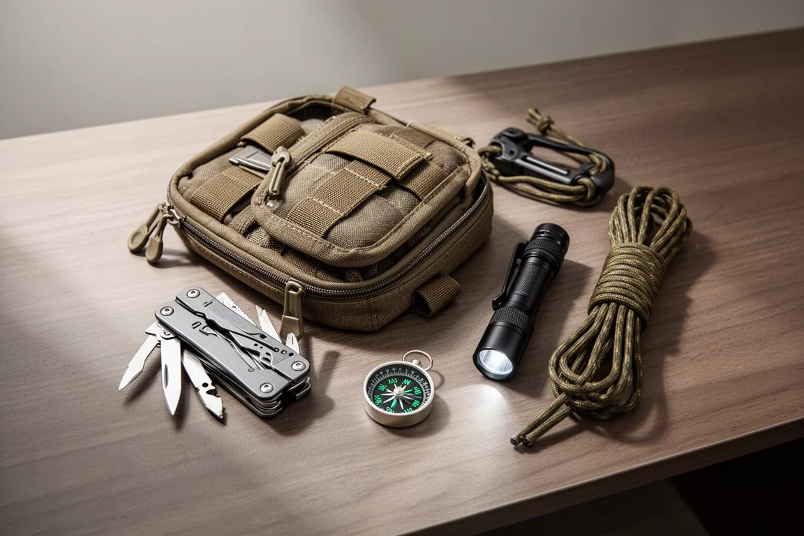 Kompakte EDC-Organizertasche auf einem Holztisch neben einem Multitool und einer Taschenlampe
