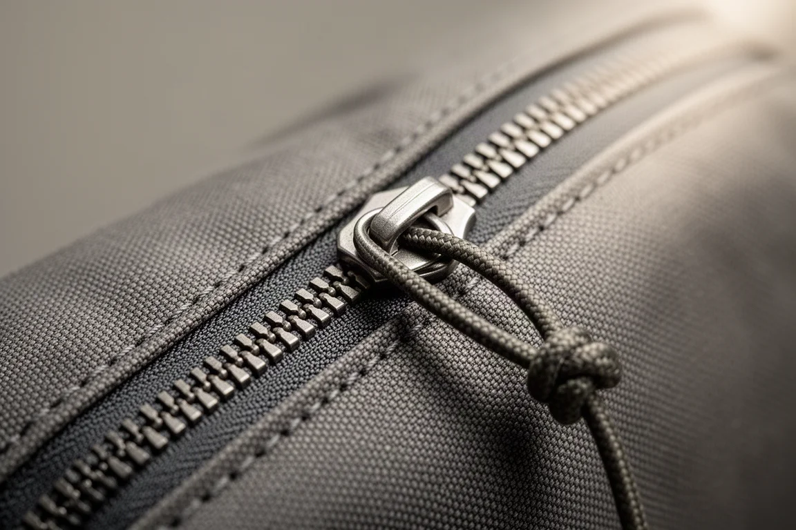 Nahaufnahme eines Paracord-Zipperpulls an einem Metallreißverschluss einer Nylon-Tasche