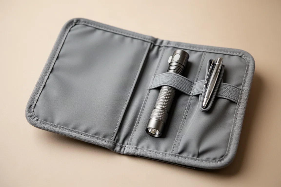 Innenansicht einer Organizertasche mit elastischen Fächern und großem Hauptfach