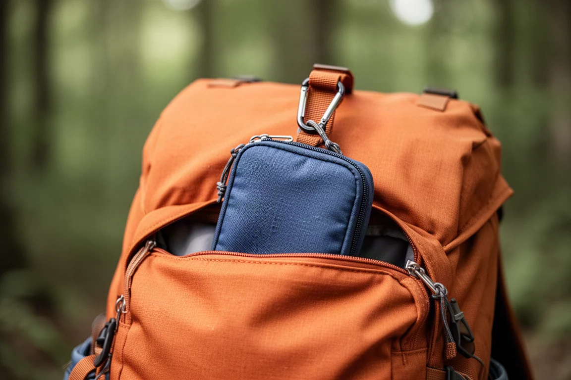 Kleine Tasche mit einem Karabiner im Inneren eines Tagesrucksacks befestigt